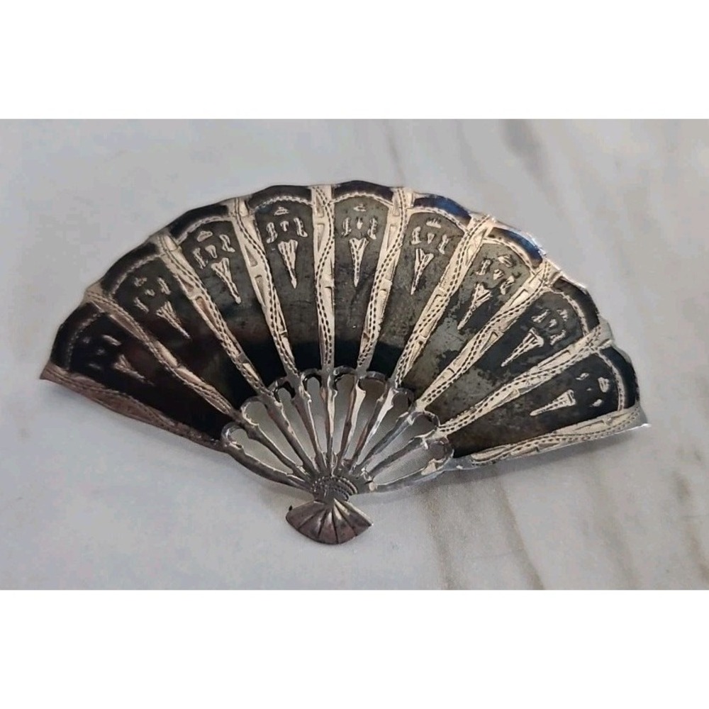 Siam Sterling Silver Niello Enamel FAN Pin Brooch 2.5" Wide 1960s Siam Sterling